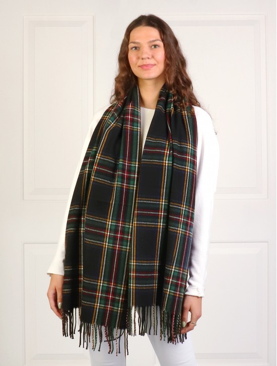 Plaid Patterned Blanket Scarf with Fringe